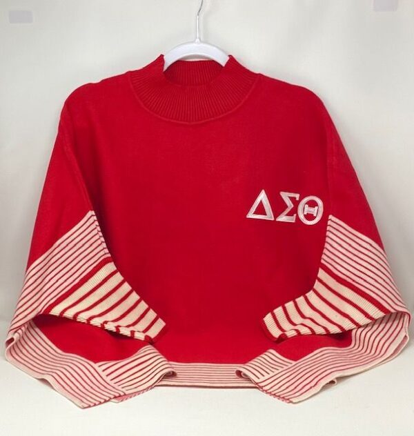 #2104 Red & White Stripe Shawl/Sweater with White DST Symbols - Image 2