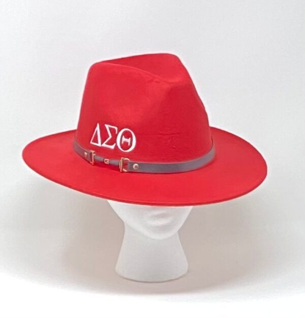 #9907 Red Felt Fedora with Black Band & White DST Symbols