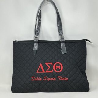 QT24 Black Quilted Tote with Red DST Symbols