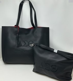TT01 2-in-1 Black Tassel Tote with Black DST Symbols | Embroidered