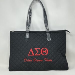 QT24 Black Quilted Tote with Red DST Symbols