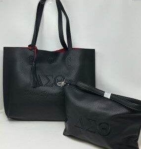 TT01 2-in-1 Black Tassel Tote with Black DST Symbols | Embroidered