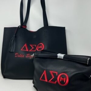 TT02 2-in-1 Black Tassel Tote with Red DST Symbols | Embroidered