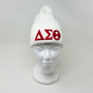 BK204 White Cable-Knit Hat with Red DST Symbols