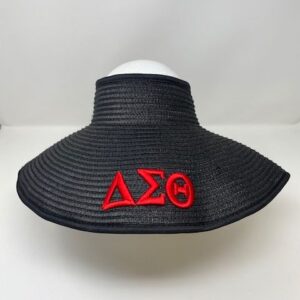 Black straw wide brim visor with red DST symbols