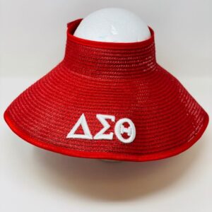 Red straw wide brim visor with red DST symbols
