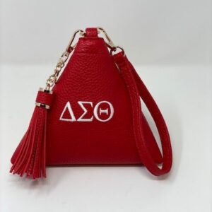 Red triangle bag with white DST symbols