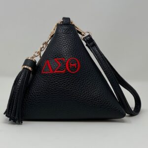 Black triangle bag with red DST symbols