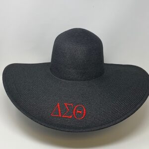 Black wide brim straw hat with red DST symbols