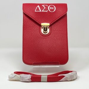 Red cell phone crossbody bag with white DST symbols