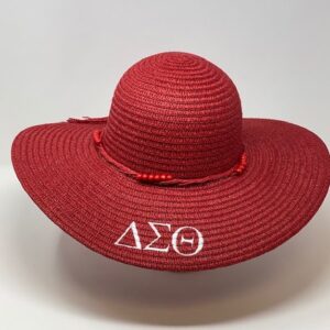 Red firm mid brim straw hat with white DST symbols