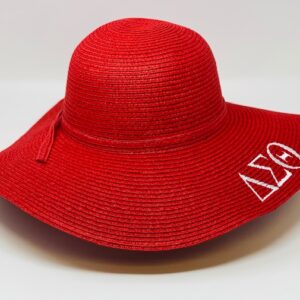 Red mid brim straw hat with white DST symbols