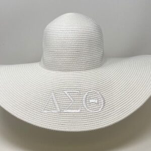 White wide brim straw hat with white DST symbols
