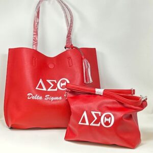 TT00 2-in-1 Red Tassel Tote with White DST Symbols | Embroidered